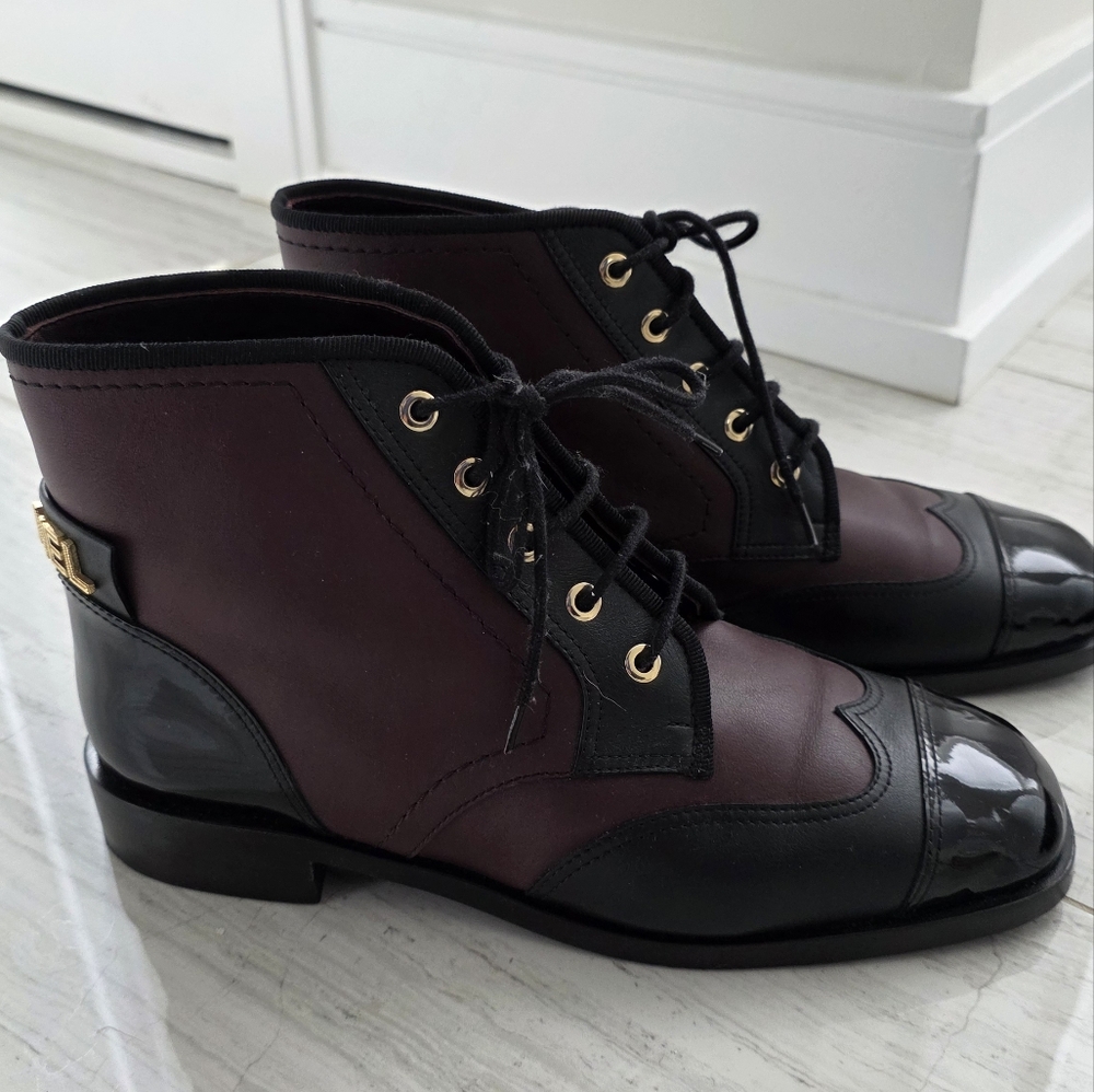 CHANEL Burgundy and Black Lace-Up Ankle Boots with Gold Accent